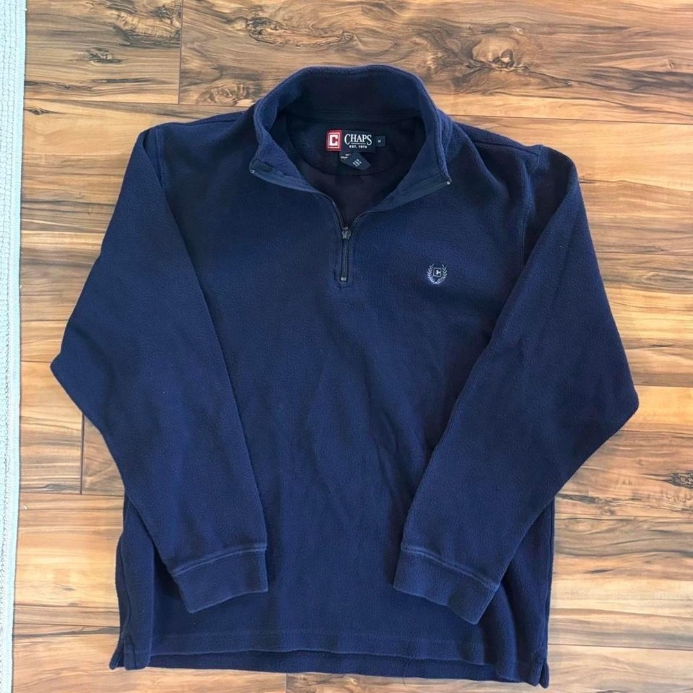 Chaps men's navy quarter-zip pullover featuring an embroidered logo